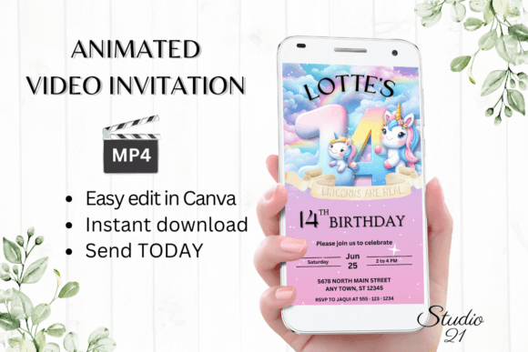 Magical Unicorn Birthday Invitations for a 14th Celebration